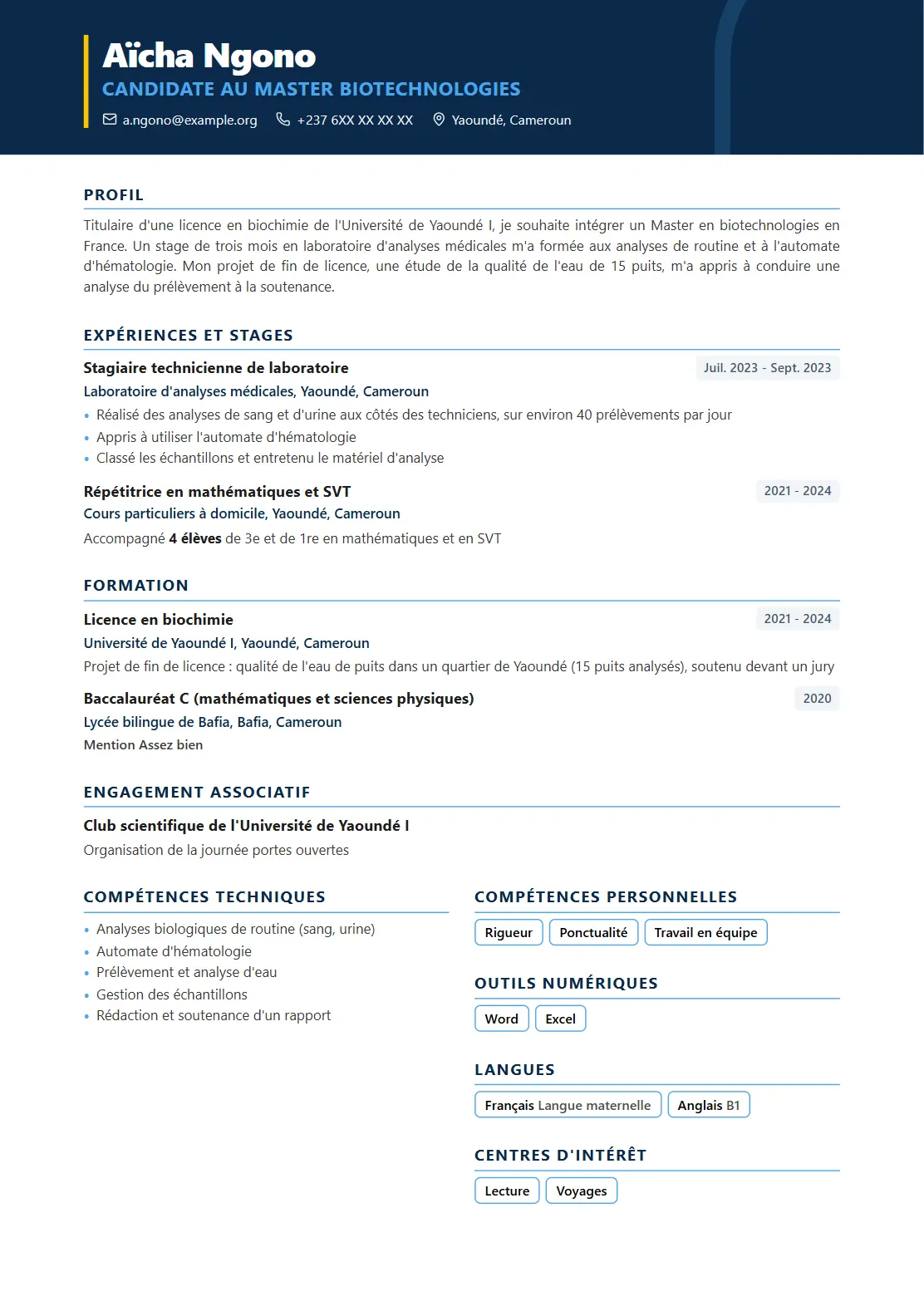 CV apr&egrave;s : mod&egrave;le MBM Travel Gate avec accroche cibl&eacute;e, missions en puces et comp&eacute;tences regroup&eacute;es