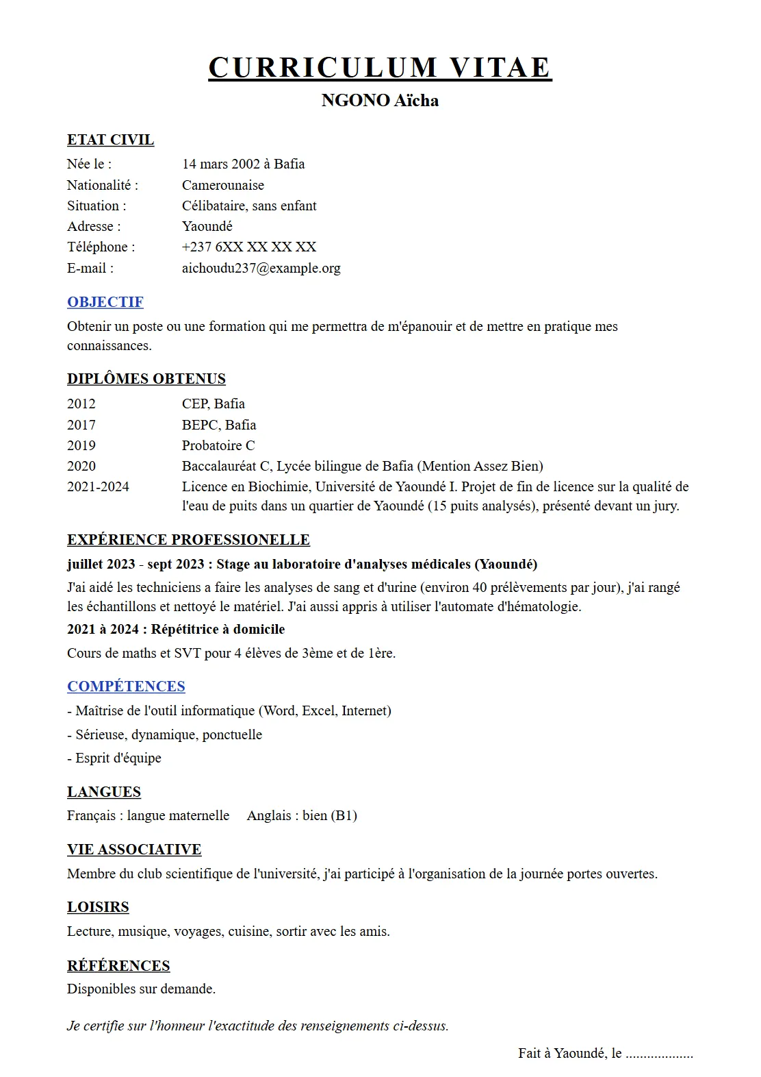 CV avant : document de traitement de texte avec &eacute;tat civil, objectif vague et missions r&eacute;dig&eacute;es en paragraphe